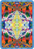 Colorful abstract design with symmetrical patterns on a blue background