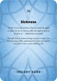 An insight card titled 'Sickness' with a blue geometric background, featuring a quote by Meister Eckhart and the text 'INSIGHT CARD' at the bottom.