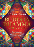 Front cover of the book 'Buddha Dhamma Oracle' by Sofan Chan, featuring a richly detailed, symmetrical mandala design in red, gold, and multicolor tones with the title in large gold lettering.