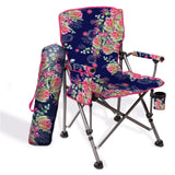 Floral-patterned folding chair with matching bag and cup holder on a white background