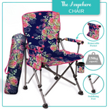 Floral-patterned camping chair with carrying bag on a white background