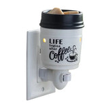 Wall-mounted coffee cup warmer with 'Life begins after Coffee' text on a white background