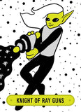 Cartoon character with green skin and yellow gloves holding a ray gun on a white background with black dots.