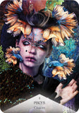 Artistic depiction of a person with fish and floral elements, labeled 'Pisces' as a creative sign.