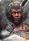 Card featuring a warrior with a helmet and armor, labeled 'Saturn' with descriptors.