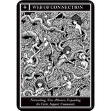 Tarot card titled 'Web of Connection' with black and white illustration of intertwined figures and text.