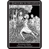 Black and white tarot card with four figures in a forest, titled 'Return to the Coven'.
