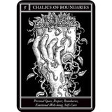 Black and white illustration of a hand holding a chalice with leaves, labeled 'Chalice of Boundaries'.