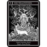 Tarot card titled 'The Wild Within' with a black and white illustration of a woman and deer among trees.