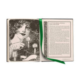 Open book with a witch illustration and text on a white background