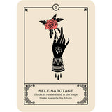 Card with a black hand holding a red rose, featuring the text 'Self-Sabotage' and a quote.