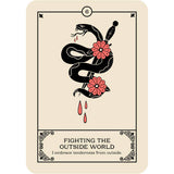 Card with a black snake and red flowers on a beige background, featuring text 'Fighting the Outside World'.