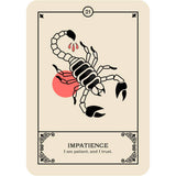Card with a scorpion illustration and text on a beige background