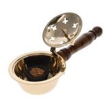 Gold and wooden incense burner with open lid on a white background
