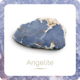 Blue angelite stone with 'Angelite' text on a white background