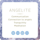 Card with 'Angelite' properties on a textured purple background