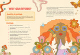 Illustration of a woman with colorful hair and sunglasses, surrounded by flowers and butterflies, with text about the benefits of gratitude.