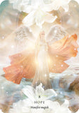 Card with a figure in a flowing dress surrounded by light and nature elements, labeled 'Hope'.