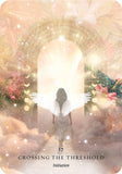 Person with wings standing at a door labeled 'Crossing the Threshold: Initiation' with a celestial background.