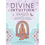 Book cover of 'Divine Intuition Oracle' with a woman in a meditative pose and flowers on a light blue background.