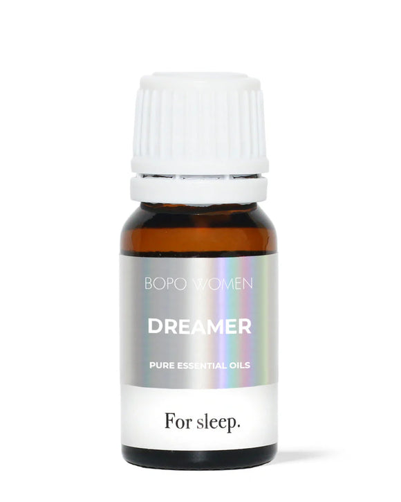 Bottle of 'Dreamer' pure essential oils for sleep by Bopo Women on a white background