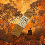 A package of handmade incense planks with sandalwood and balga, set against an artistic background depicting an Australian landscape with trees and a figure.