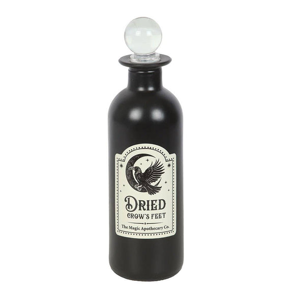 Black bottle labeled 'Dried Crow's Feet' on a white background