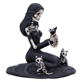 Skeletal figure with black hair holding a small skeleton cat on a white background
