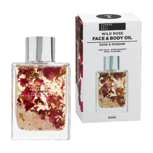 Wild Rose Face & Body Oil with packaging on a white background