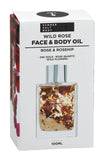 Wild Rose Face & Body Oil packaging with a bottle illustration on a white background