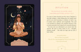 Tarot card with a woman in a meditative pose and celestial elements on a dark background.