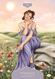 Woman in a purple dress sitting on a rock with flowers and a sunset in the background, labeled 'Romance'.