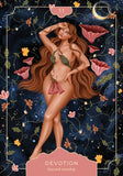 Artistic depiction of a nude figure with long hair and floral elements on a dark background, labeled 'Devotion'.