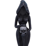 A gothic figurine of a hooded female figure in black robes holding a skull, set against a plain white background.