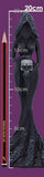 A tall black hooded female figurine with a skull at the waist, shown next to a pencil for scale on a purple background. White measurement labels reading 20cm, 15cm, 10cm, and 5cm are overlaid on the image.