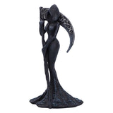 Black decorative figurine of a woman holding a sword on a white background