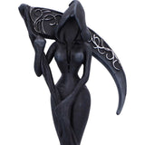Black decorative figurine with long, flowing hair and large, curved wings on a white background