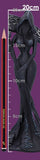 A black female goddess figurine with a long flowing gown and hood, shown next to a red pencil for scale on a purple background with height measurements up to 20cm.