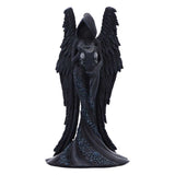 Black angel figurine with detailed wings on a white background