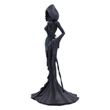 Black figurine of a woman in a long dress on a white background
