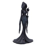 Dark-colored figurine of a hooded figure with a long dress on a white background