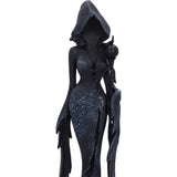 Dark, hooded figure with intricate designs on a white background