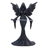 Statue of a dark angel with wings and a sword on a white background