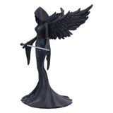 Gothic angel figurine with wings and a sword on a white background