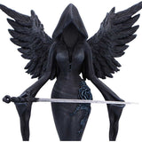 Dark angel figurine with wings and a sword on a white background