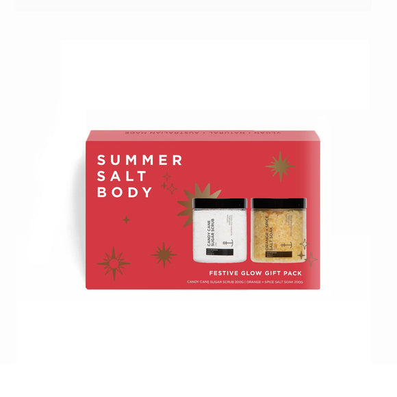 Red gift box with 'Summer Salt Body' branding and two product images on a white background