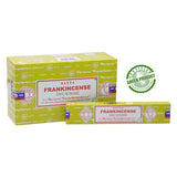 Two boxes of Satya Frankincense Incense with a green certified green product logo on a white background.