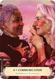 Two people with colorful hair and makeup, surrounded by mushrooms, with a card labeled '4 Communication' at the bottom.