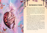 Book page with an introduction to a 'Friendship Oracle' deck, featuring artistic illustrations of a person and butterflies.