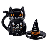 Black cat-shaped mug with a witch hat on a white background